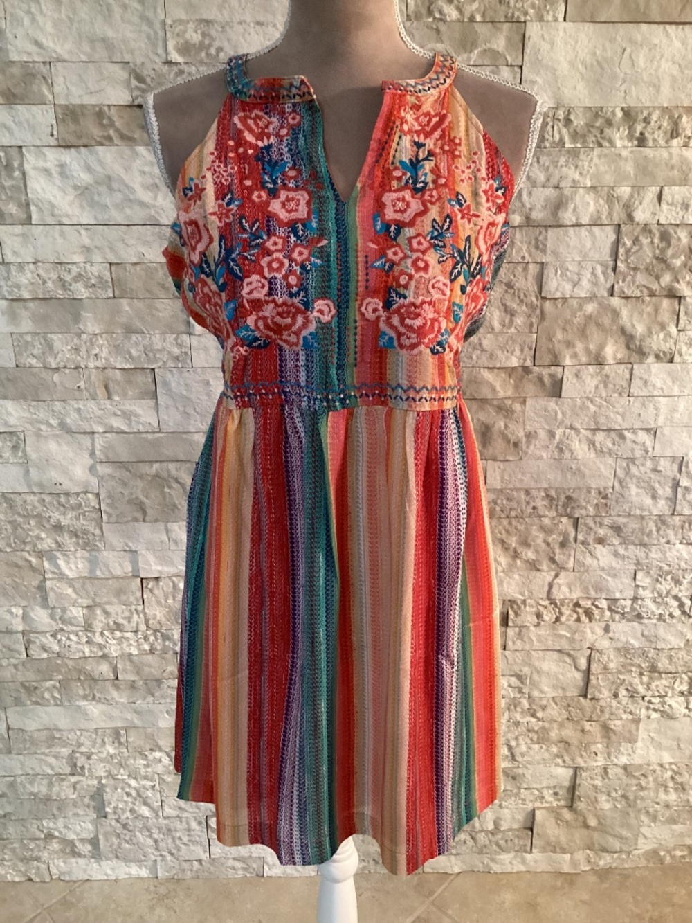 Savanna Jane Embroidered Rainbow Striped Halter Dress (NWT)
